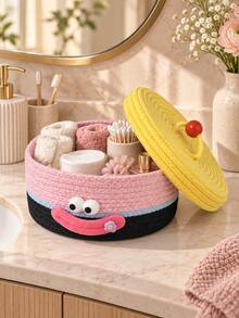 1pc Cartoon Smiling Face Cotton Rope Woven Storage Basket With Lid, Round Desktop Snack Toy Sundries Organizer Box, Living Room Bathroom Home Decor Gift Basket, Multiple Colors Available - Multicolor - View 7