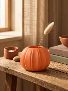 1pc 5.71 Inch Pumpkin Shaped Vase, Plastic Material, Red/Orange/White Smooth Round Striped Design, Lightweight Shatterproof Decorative Vase, Suitable For Reed Grass, Dried Flowers And Artificial Flowers, Autumn Tabletop Centerpiece And Home Decor - Multiple Styles - View 2