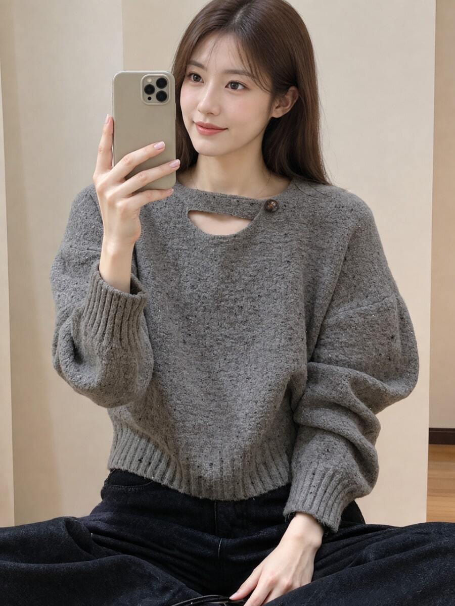 Alicedudu Women's Korean Design Crew Neck Sweater, Autumn/Winter - Grey - View 1