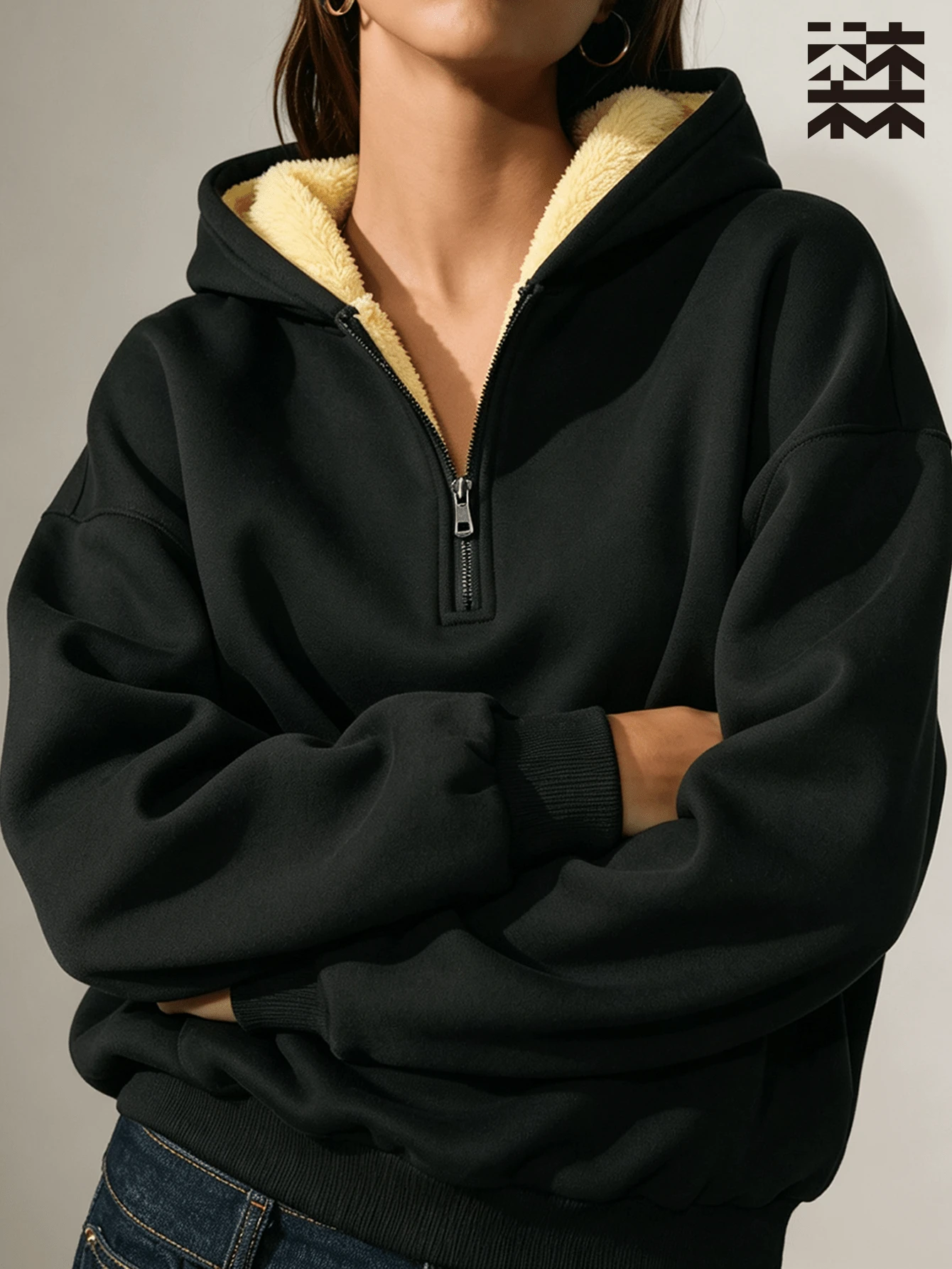 mulinsen Áo nỉ hoodie nữ dáng rộng nửa khóa kéo, lót lông cừu Sherpa, tay dài, form rộng, giữ ấm, phù hợp chạy bộ, dạo phố và đi chơi - màu đen - Xem 1