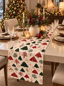 1pc Christmas Table Runner, Watercolor Christmas Tree Pine Branch Berry Print Tabletop Decor, Holiday Dining Room Kitchen Countertop Decoration, Christmas Family Dinner Party Table Centerpiece - Multicolor - View 3