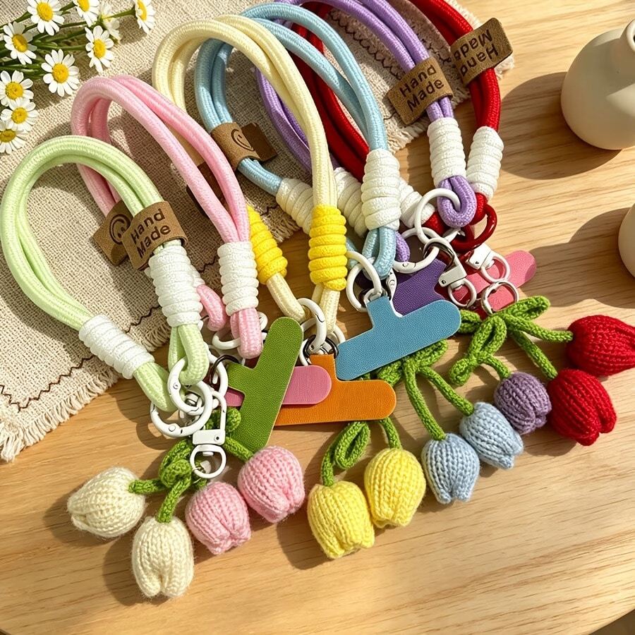 1pc Tulip Knitted Pendant Phone Lanyard Wrist Strap, Creative Handheld Anti-Loss Anti-Drop Portable Bracelet, Woven Design, Soft Detachable, Suitable For DIY Phone Lanyard And Phone Case Decoration, Perfect Gift For Friends/Bag Charm