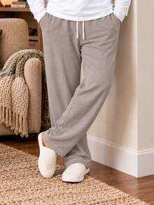 Plus Size Men's Long Lounge Pants, Brown Faux Waffle Print, Comfortable Casual Home Pants, Elastic Waist Drawstring Lounge Pants - Multicolor - View 3