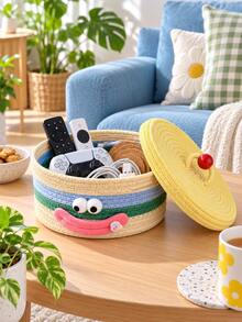 1pc Cartoon Smiling Face Cotton Rope Woven Storage Basket With Lid, Round Desktop Snack Toy Sundries Organizer Box, Living Room Bathroom Home Decor Gift Basket, Multiple Colors Available - Multicolor - View 4