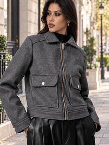 Jaket Tweed Kasual Elegan Wanita TRAFZA, Mantel Campuran Wol, Hangat & Longgar, Warna Polos, Musim Semi/Musim Gugur - Grey - View 2