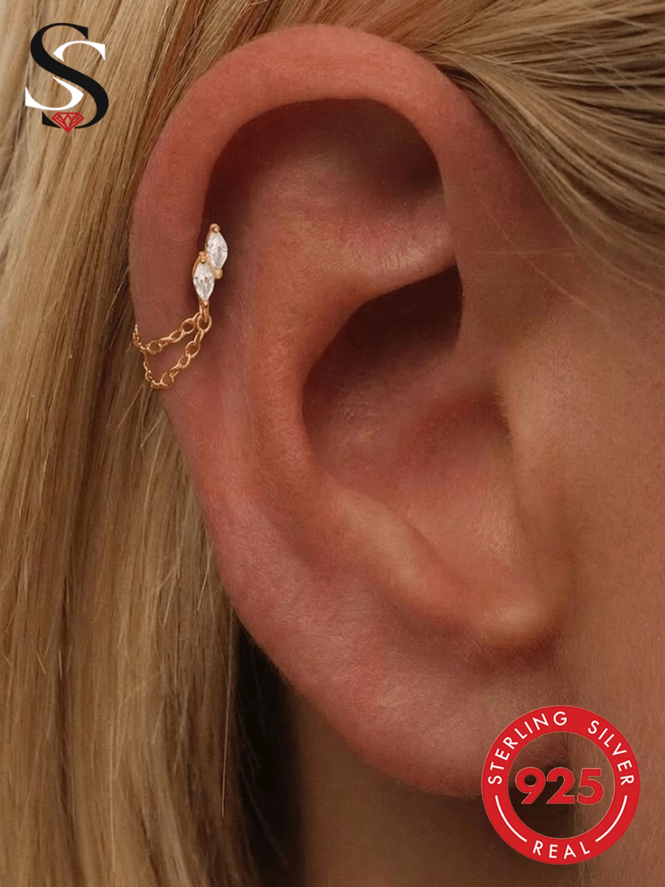 SereneSpark 1PC 925 Sterling Silver 18K Plated Double Marquise CZ Dangle Chain Stud Earring Screw Flat Back Piercing Jewelry Dainty Stackable Daily Party Gift - Gold - View 1