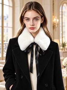 Detachable Faux Fur Collar With Satin Bow, Women's Winter Warm Decorative Collar Accessory For Coats - White - View 1