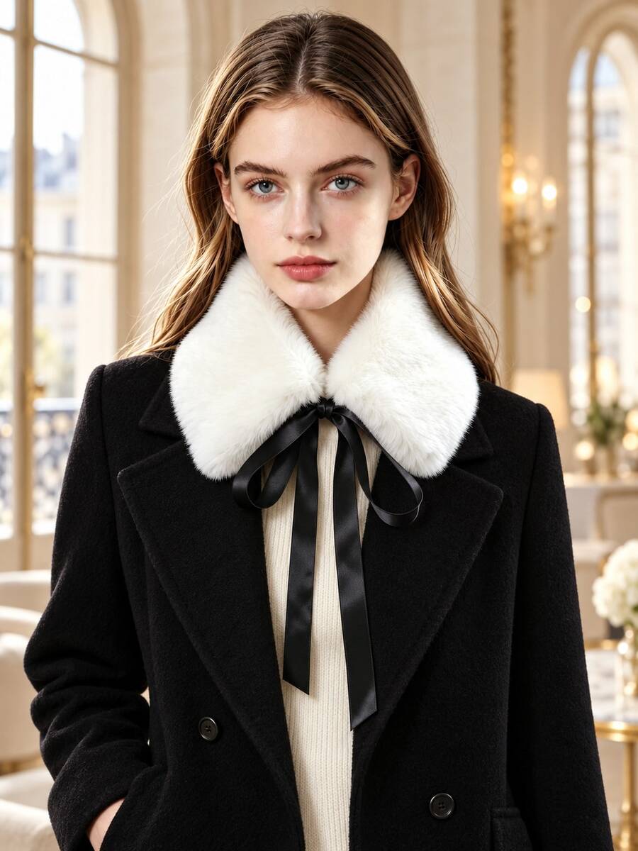 Detachable Faux Fur Collar With Satin Bow, Women's Winter Warm Decorative Collar Accessory For Coats - White - View 1