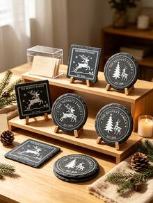 Personalized Christmas Slate Coasters, Custom Family Name & Date Natural Black Stone Drink Coaster, Cup Mats With Reindeer Christmas Tree Santa Design, Heat Resistant For Dining Table Holiday Decor Xmas Housewarming Family Keepsake Gift - Multicolor - View 8