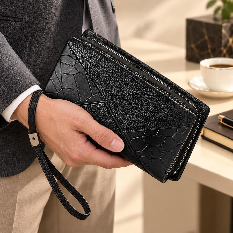 HOVI'S Men's Clutch Handbag, Large Capacity Double Zipper Hand Purse, Multi‑Card Slots Multiple Inner Pockets Phone Holder Pouch With Detachable Wrist Strap - Multicolor - View 1