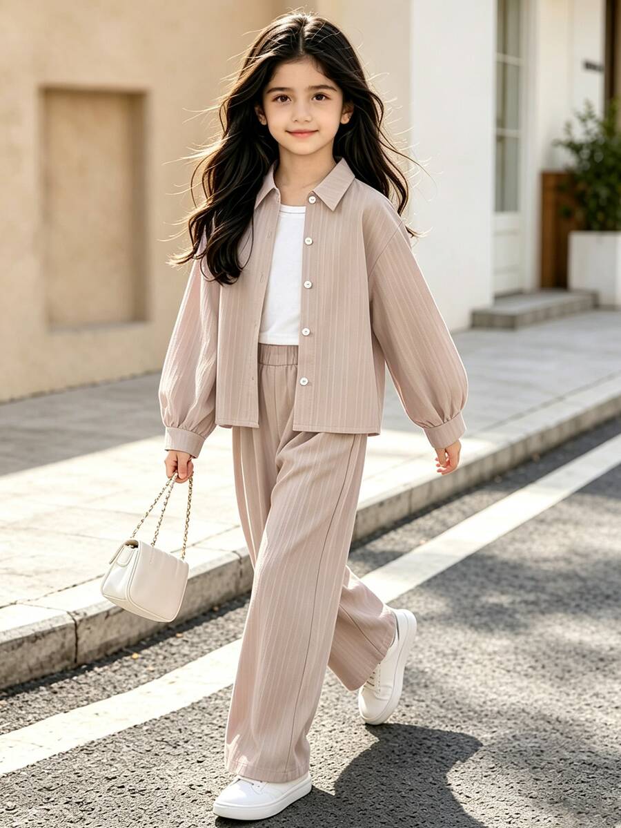 Left Mama 2pcs/Set Girls' (Bigger Tween Girl) New Arrival Autumn Collared Long Sleeve Shirt Top & Pants - Khaki - View 1