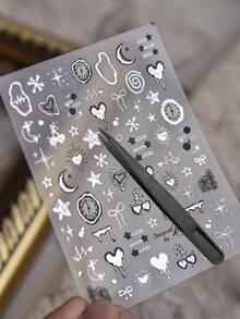 1 Set Decor Stickers With Tweezer, Phone Stickers, Stickers, Y2K Silver Metallic Motif, Heart, Clock, Moon, Star, Bow & Starburst Graphic Decals, For Instant Camera, Laptop, Phone Case, Gift Card, Gift Decoration - Liquid Metal Sticker - View 9