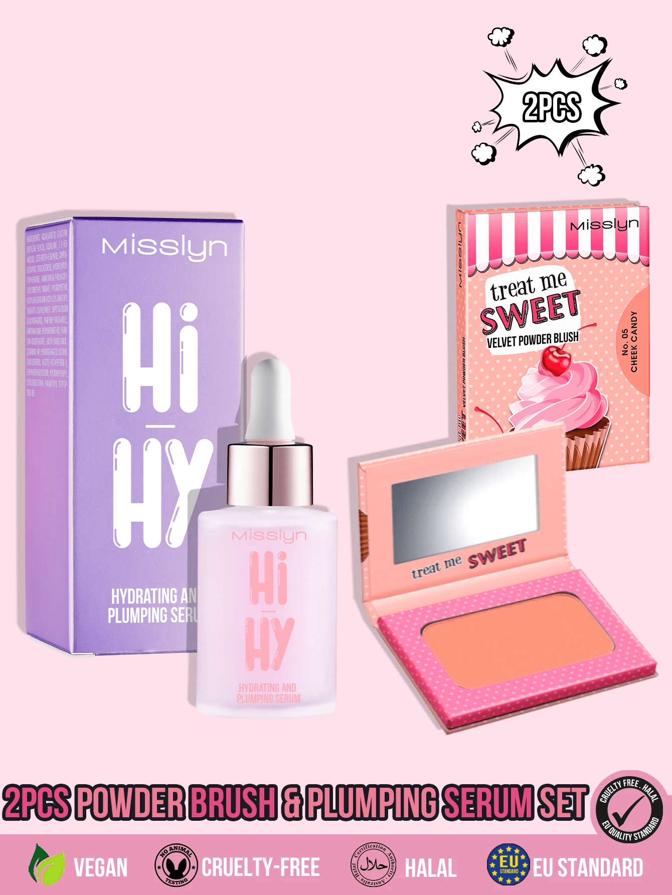 MISSLYN 2Pcs Hi-Hy Hydrating Serum & Velvet Powder Blush Set, Hydrating Shimmer Blendable, Soft Silky Texture, Natural Glow, Face Set Cheek/Highlight, Daily/Travel/Summer, Y2K/Soft Glam/Glass Skin, Makeup Set,For Women&Girls, Suitaable For Daily Look - #02+#05 - View 1