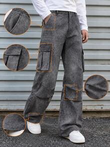 BLACKTOEXIT Celana Kargo Unisex Gaya Jalanan Warna Gradien, Celana Panjang PU Gaya Kampus, Celana Dansa Jalanan, Kancing Resleting, Pinggang Berlipit, Lubang Sabuk, Potongan Lurus, Musim Semi dan Gugur. - Dark Grey - View 2