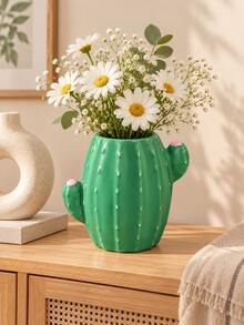 1pc Green Cactus Vase, Cute Cactus Shaped Decorative Flower Vase For Floral Arrangements, Unique Tabletop Centerpiece For Living Room Dining Table Kitchen Bedroom Office And Home Decor - 1PC - View 2