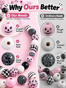 60pcs Pink Halloween Wooden Beads Handmade Craft Set - Soft Gothic Style Round Wooden Spacer Beads, Includes BOO Skull, Pumpkin, Spider Web Patterns, Comes With Elastic Cord, Suitable For DIY Bracelet Making, Layered Tray Wreath Decoration, Rustic Home Decor And Handicraft Creation. - Pink - View 8