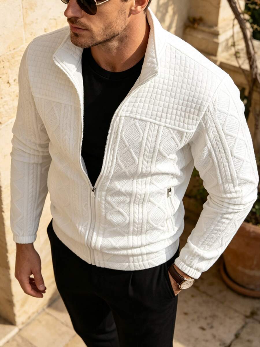 Men's Stand Collar Textured Jacquard Sweatshirt, Spring/Autumn Style, White 3D Textured Zipper Jacket, Casual And Versatile Top - White - View 1