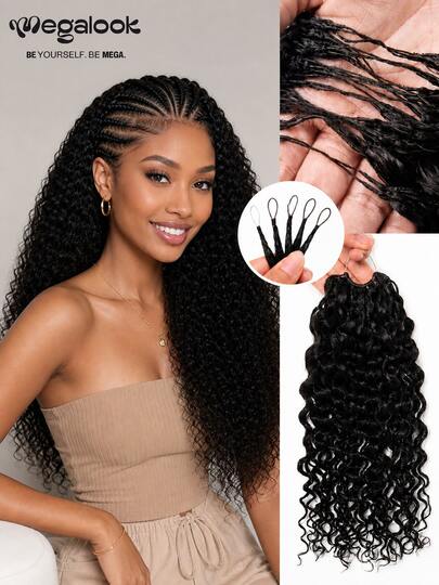 MEGALOOK Boho Braids Water Wave 10 Packs/20 Packs 100% Human Crochet Hair Natural Black Knotless Pre-Separated Feather Crochet Hair Human Hair Lightweight Human Hair Extensions