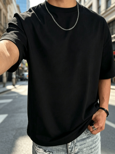 Blank Solid Black Color Cotton 200GSM Oversized Crew Neck Short Sleeve Basic Unisex Daily Wear Tshirt, Soft Breathable Casual Top For Summer Outdoor