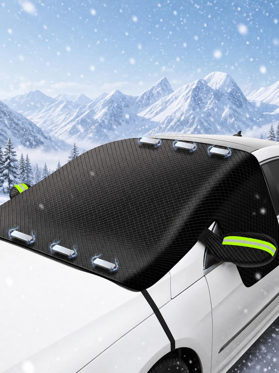 Magnetic Car Windshield Snow Cover With Mirror Pocket & Reflective Strip, Thick Anti-Ice Frost Snow Shield, 3-Side Window Coverage, All Weather Sun Shade, Universal Auto Winter Exterior Protector For Sedan SUV