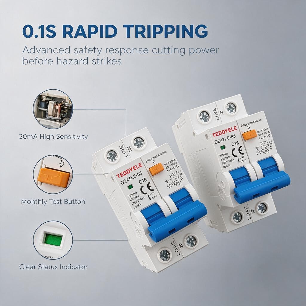 DZ47LE-63 RCBO 2P 剩餘電流斷路器 30mA 230V C16/C20/C32 過載短路漏電保護 微型斷路器 CE 認證 - 藍色 - 查看 1
