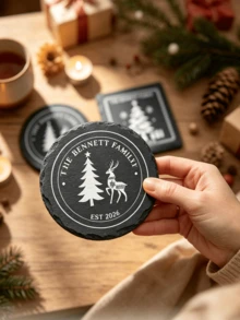 Personalized Christmas Slate Coasters, Custom Family Name & Date Natural Black Stone Drink Coaster, Cup Mats With Reindeer Christmas Tree Santa Design, Heat Resistant For Dining Table Holiday Decor Xmas Housewarming Family Keepsake Gift - Multicolor - View 9