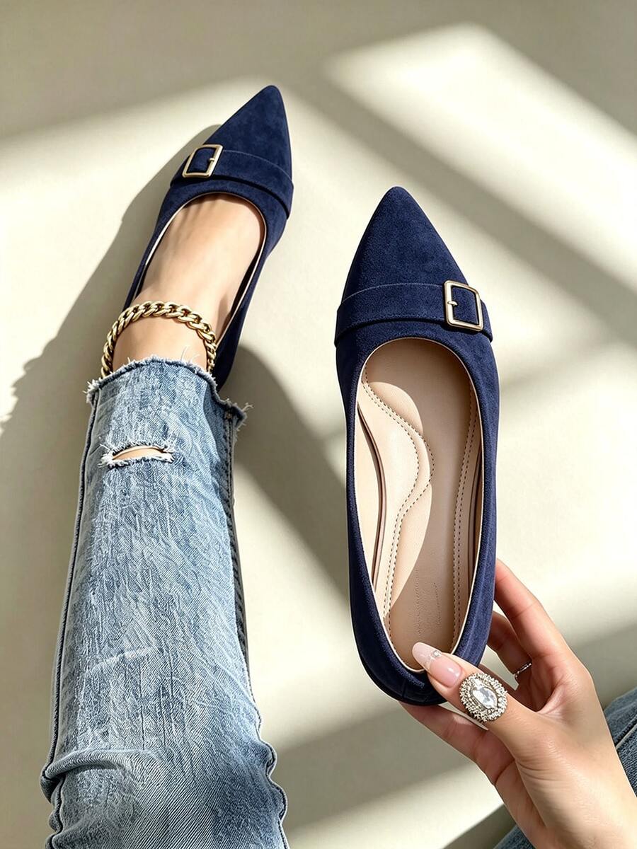 1 Pair Comfortable Flat Pointed Toe Suede Loafers With Metal Square Buckle Design, Navy Blue Low-Cut Slip-On Shoes For Women, Suitable For Daily Commute - Navy Blue - View 1