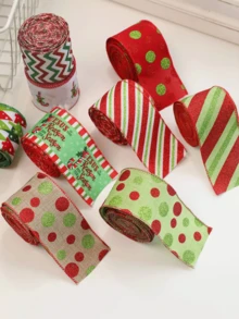 Christmas Wired Edge Ribbon 6.5ft Whimsical Glitter Polka Dot Striped Burlap Ribbons For Holiday Tree Decor Wreath Bow Making DIY Crafts Wrapping Aesthetic Party Supplies - Whimsical Ribbon - View 5