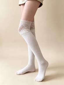 1/2 Pairs Sweet Girl Lace Trim Vertical Stripe Versatile Comfortable Knee-High Socks - Multicolor - View 7