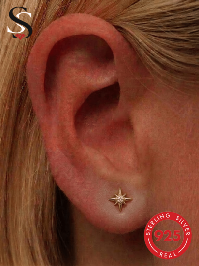 SereneSpark 1PC 925 Sterling Silver Gold Plated Star Heart CZ Cartilage Stud Earring Screw Flat Back Piercing Dainty Sparkly Stackable For Women Daily Wear Gift