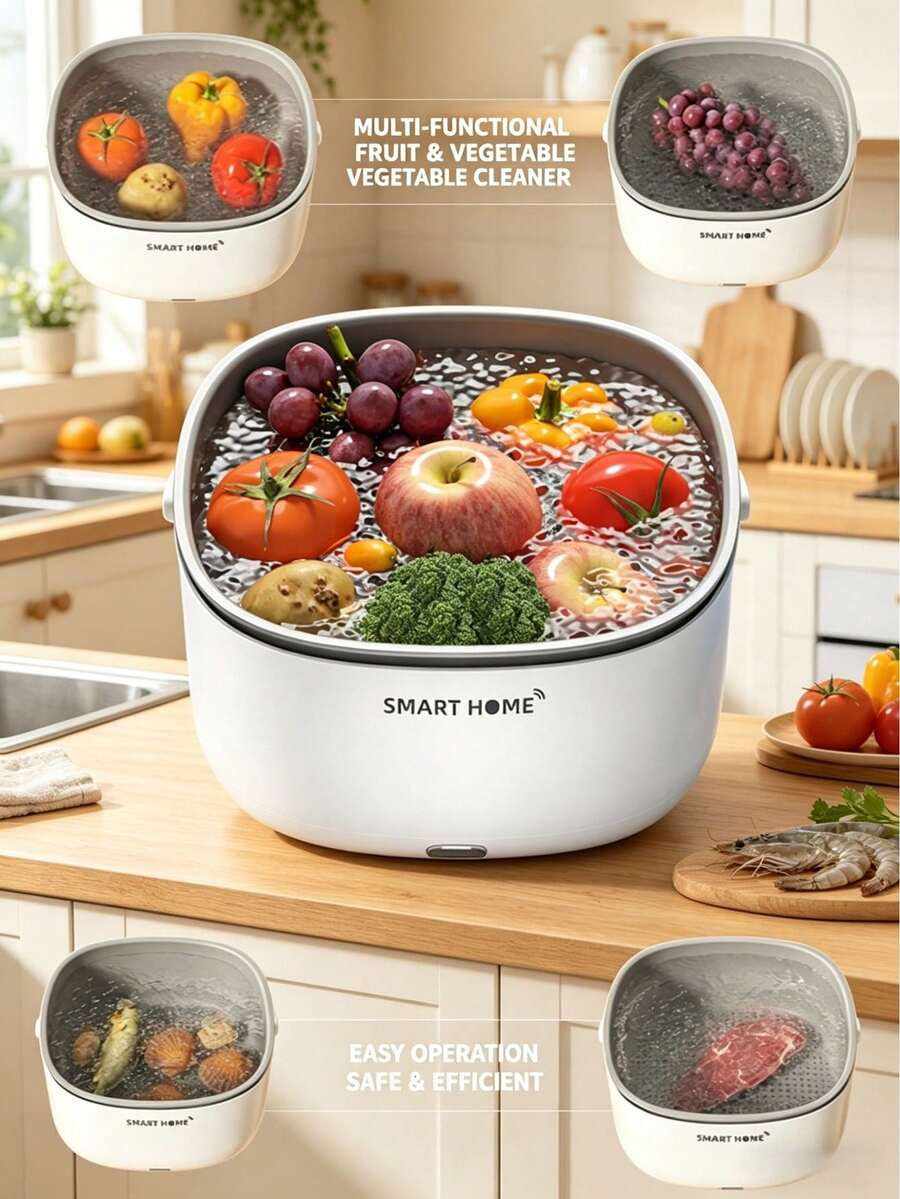 Keranjang Pembersih Sayur & Buah, Mesin Pembersih Otomatis Rumah Tangga, Pencuci Makanan Portabel untuk Sayuran, Buah, Daging, dan Lainnya