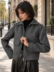 Jaket Tweed Kasual Elegan Wanita TRAFZA, Mantel Campuran Wol, Hangat & Longgar, Warna Polos, Musim Semi/Musim Gugur - Grey - View 3