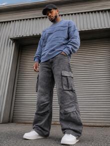 BLACKTOEXIT Celana Kargo Unisex Gaya Jalanan Warna Gradien, Celana Panjang PU Gaya Kampus, Celana Dansa Jalanan, Kancing Resleting, Pinggang Berlipit, Lubang Sabuk, Potongan Lurus, Musim Semi dan Gugur. - Dark Grey - View 5