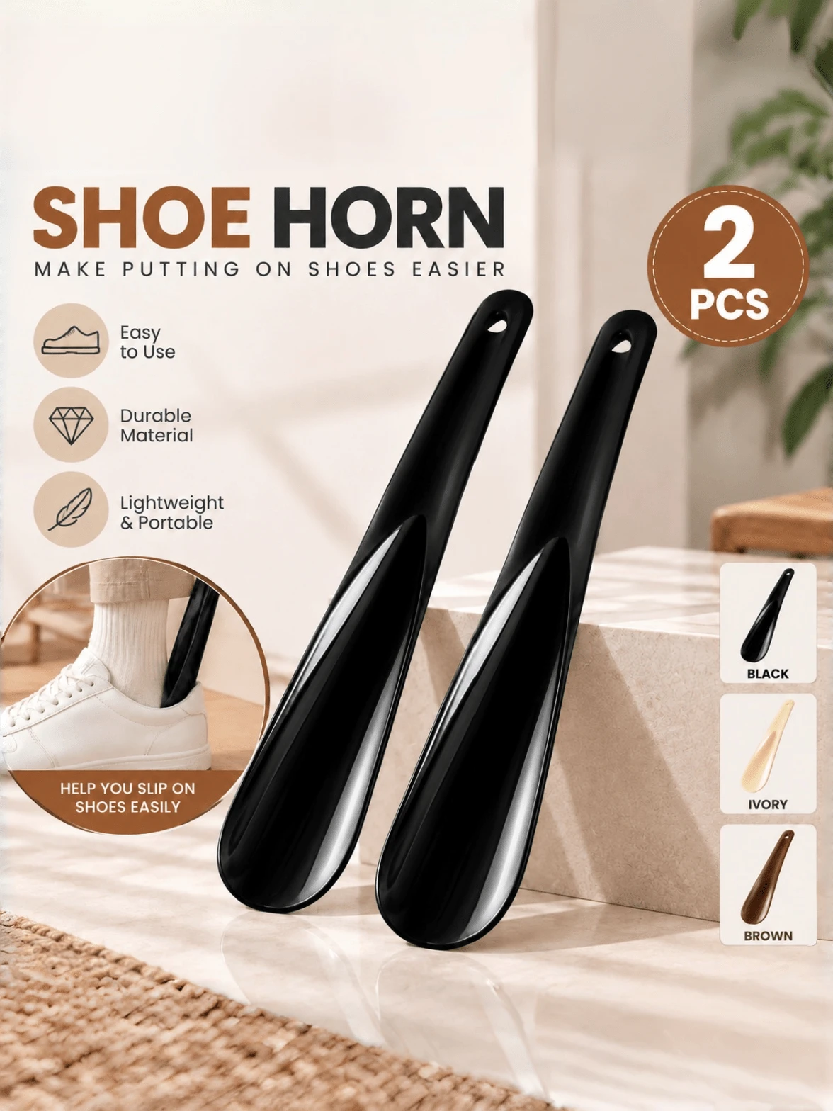 QKC 2pcs Minimalist Shoe Horns, Elegant Plastic Shoe Horn With Hanging Hole, Suitable For Daily Shoe Wearing