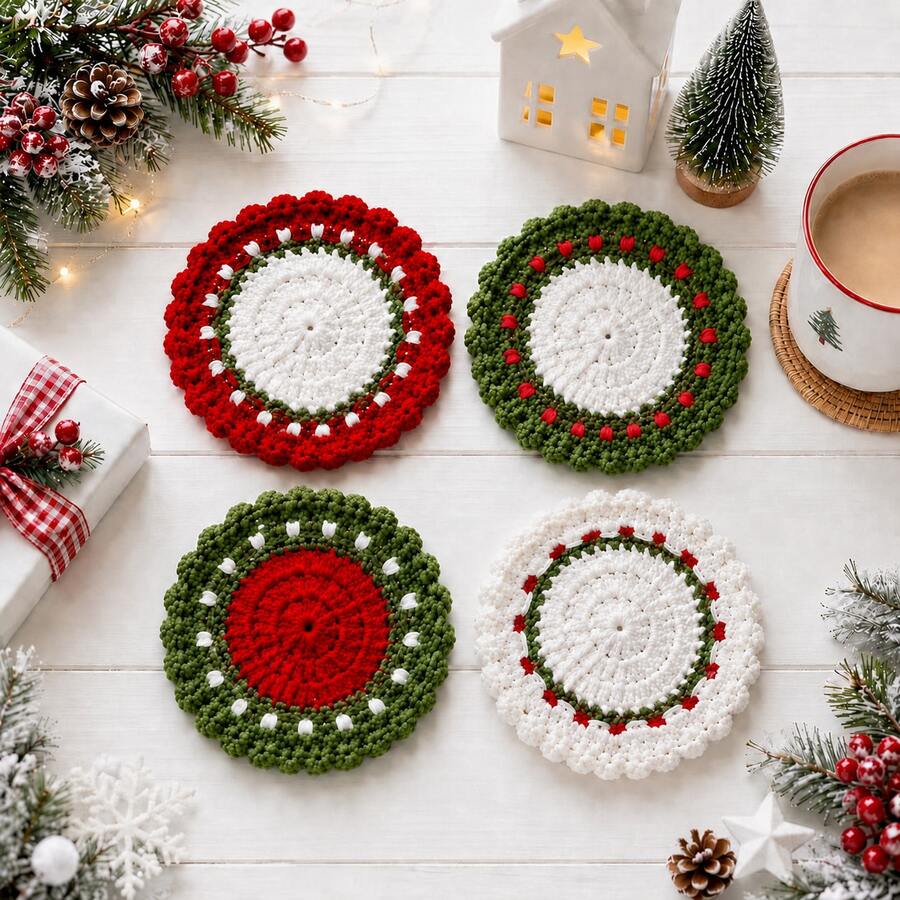 4 Pcs Handmade Crochet Christmas Coasters Set - Festive Wreath Drink Coasters With Bow For Coffee Mug, Heat Resistant Table Decor & Holiday Gift - ET Christmas Coaster - View 1