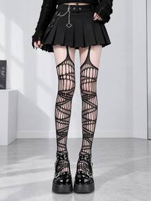 Women's Fishnet Stockings, Spider Web Mesh Thigh High Socks, Gothic Y2K Style Sheer Tights For Fall Halloween Party Daily Fashion - Black - View 2