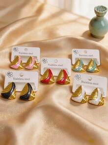 Geometric Triangle Enamel Stud Earrings, Gold Textured Stainless Steel Ear Posts, Color-Block Women's Party Jewelry - Multicolor - View 1