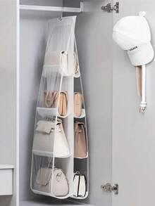 6/8 Slot Space-Saving Bag Storage Organizer, Multi-Layer Hanging Handbag & Wallet Organizer, Mesh Space-Saving Bag Organizer, Multi-Layer Hanging Handbag & Wallet Organizer, Suitable For Closet, Bag Storage Rack, Foldable Design, Convenient To Store When Not In Use, Easy To Carry. Suitable For Your Bedroom, Living Room, Hallway, Closet, Wardrobe Or Shelf. - White - View 9