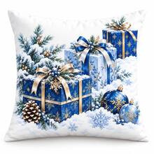 4pcs Blue Christmas Pillow Covers, Winter Wonderland Snowman Tree Gift And Royal Decor Cushion Covers, Elegant Blue White Gold Holiday Home Decor, Without Inserts - Blue and White - View 9