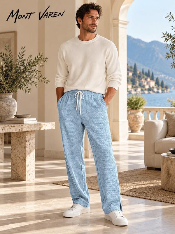 MONT VAREN Men's Light Blue Jacquard Knit Relaxed Straight-Leg Trousers With Drawstring Waist And Side-Split Hems