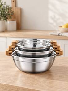3pcs Stainless Steel Soup Bowl With Wooden Handles,Round Silver Serving Pot With Polished Interior,Stackable Kitchen Bowl For Serving Soup, Stew, Vegetables, Family Meals,Dining Tables And Restaurant Food Service,Induction Compatible Pots And Pans Set - View 9