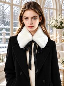 Detachable Faux Fur Collar With Satin Bow, Women's Winter Warm Decorative Collar Accessory For Coats - White - View 3