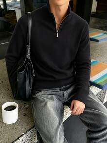 Krometka Men's Half-Zip Stand Collar Long Sleeve Top, Minimalist Basic Style, Commuter Casual Pullover - Black - View 1