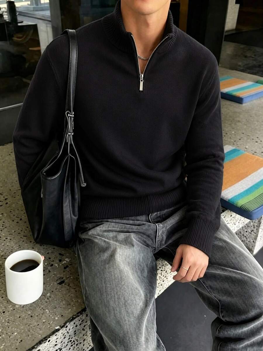 Krometka Men's Half-Zip Stand Collar Long Sleeve Top, Minimalist Basic Style, Commuter Casual Pullover - Black - View 1