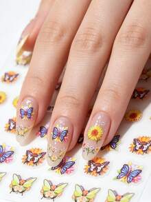 1pc Colorful Butterfly & Small Flower Nail Stickers, Yellow Sunflower Nail Decals, Self-Adhesive Glitter Nail Art, Asymmetrical Shape, Fresh Style, Suitable For Daily Commute And Autumn Outings - Multicolor - View 1