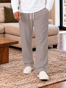 Plus Size Men's Long Lounge Pants, Brown Faux Waffle Print, Comfortable Casual Home Pants, Elastic Waist Drawstring Lounge Pants - Multicolor - View 1