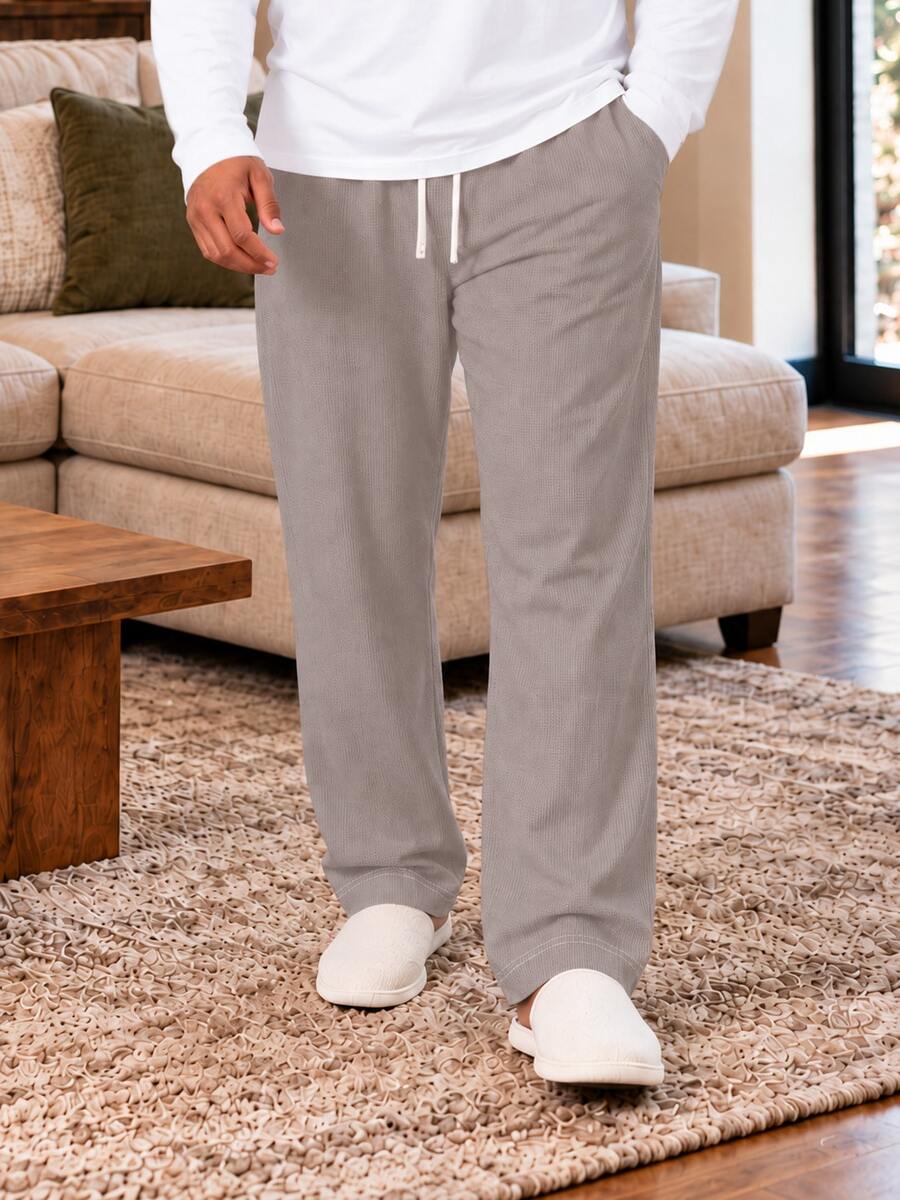 Plus Size Men's Long Lounge Pants, Brown Faux Waffle Print, Comfortable Casual Home Pants, Elastic Waist Drawstring Lounge Pants - Multicolor - View 1