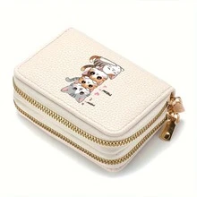 1pc Stacked Cartoon Cat Pattern Litchi Texture PU Leather Double Zipper Accordion Multi-Slot Compact Short Wallet Card Holder, Cute Girly Style, Suitable For Girls To Store Bank Cards And Coins - Multicolor - View 19