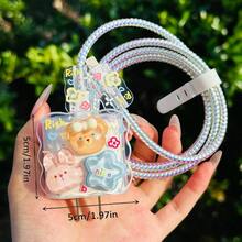 5pcs 3D Cartoon Soft Shell Charger Protective Case Compatible With Apple 20W/18W Fast Charging 13/14/15 Phone Data Cable Protector Cable Organizer - Blue - View 6