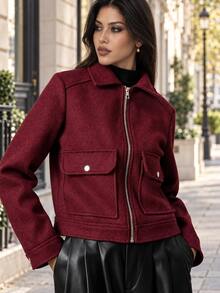 TRAFZA Women's Elegant Casual Tweed Jacket Wool Blend Coat, Warm & Loose Fit, Solid Color, Spring/Autumn - Burgundy - View 4